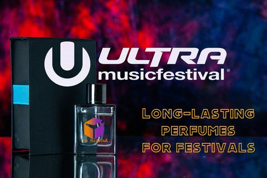 Ultra Music Festival logo with a perfume bottle promoting long-lasting festival fragrances.