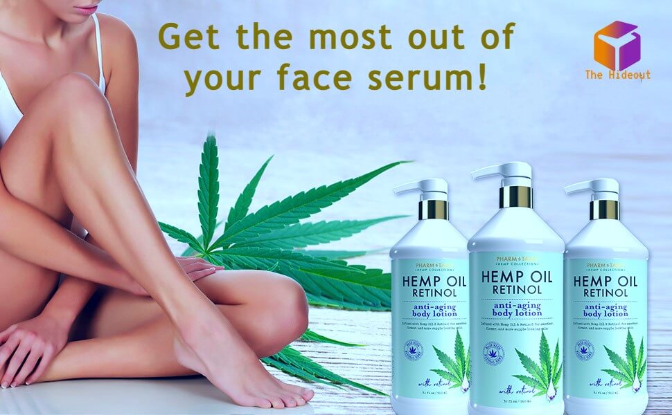 Promotional image of hemp oil retinol body lotion with text about maximizing face serum benefits.