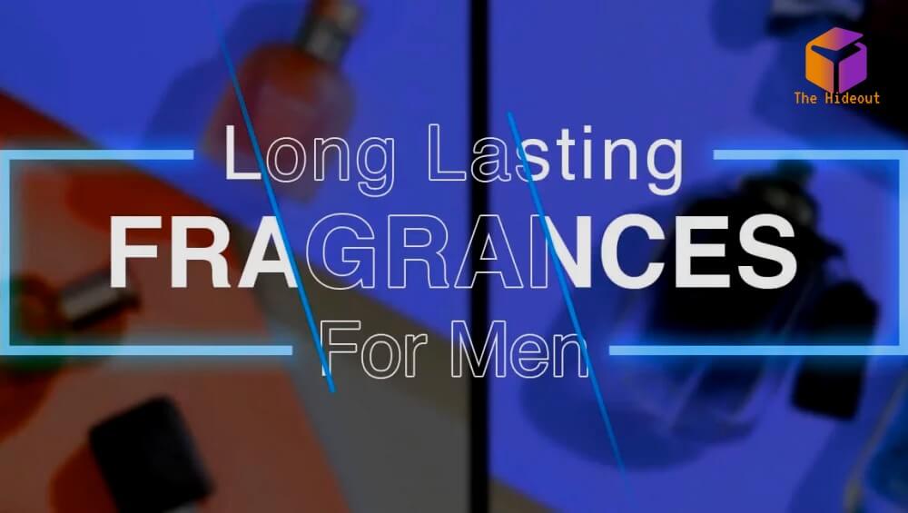Colorful display of long-lasting fragrances for men, showcasing various perfume bottles against a vibrant background.
