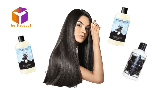 A woman with long, shiny hair showcases natural shampoo and conditioner bottles for hair growth.