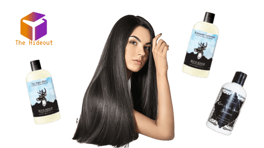 A woman with long, shiny hair showcases natural shampoo and conditioner bottles for hair growth.