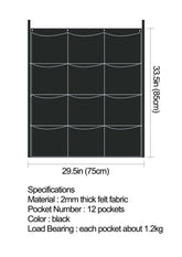 Diagram of a 12 pocket vertical wall planter, made from black felt fabric, with dimensions and specifications.