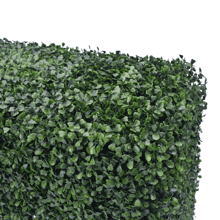 Close-up of dark artificial boxwood hedge, 40"L x 10"H, featuring UV-resistant, lush green leaves.