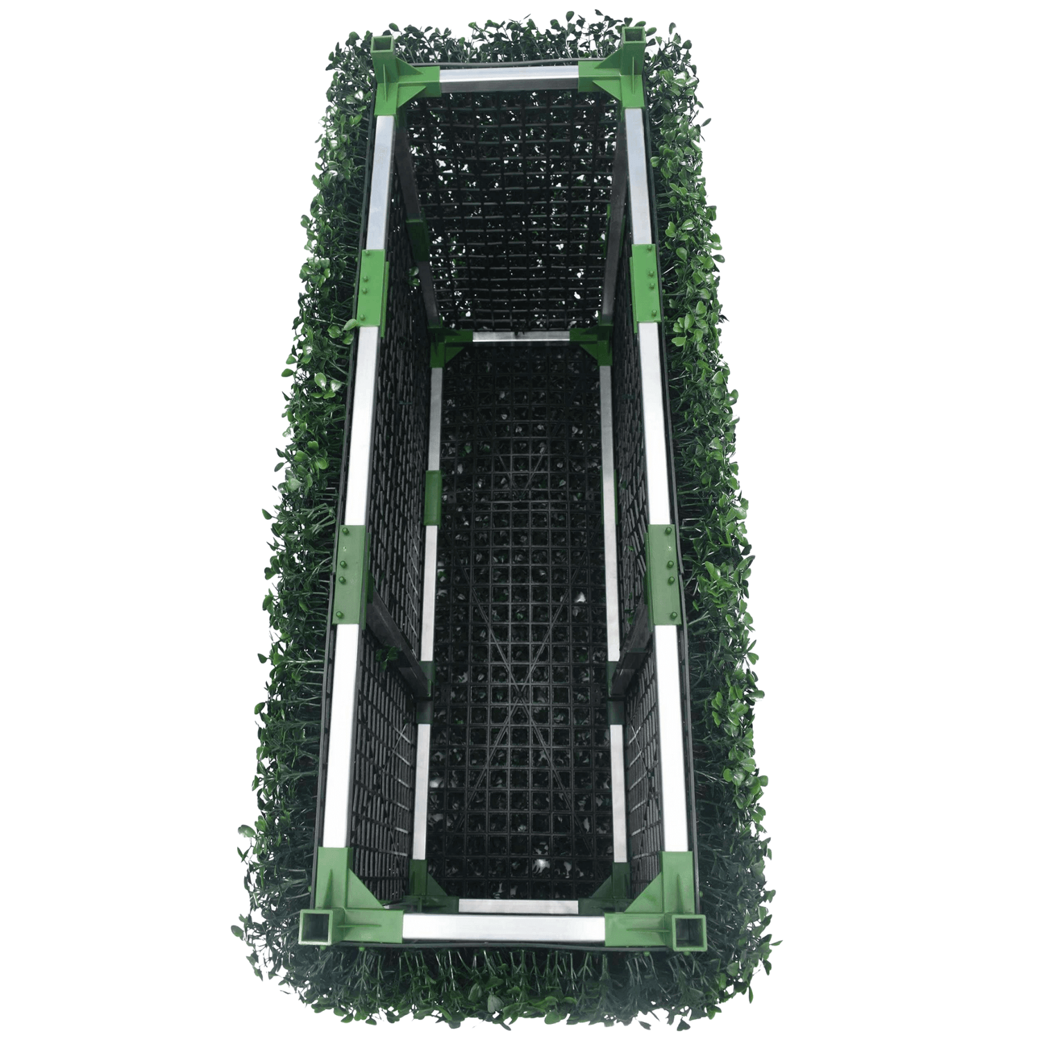 Top view of dark artificial boxwood hedge planter, UV resistant, 40"L x 10"H, ideal for commercial decor.
