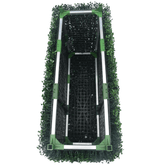 Top view of dark artificial boxwood hedge planter, UV resistant, 40"L x 10"H, ideal for commercial decor.