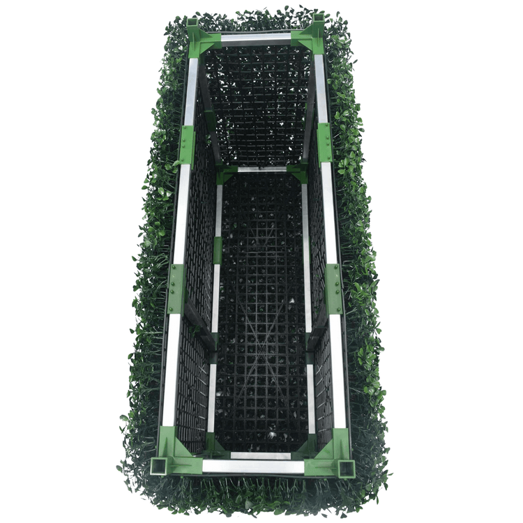 Top view of dark artificial boxwood hedge planter, UV resistant, 40"L x 10"H, ideal for commercial decor.