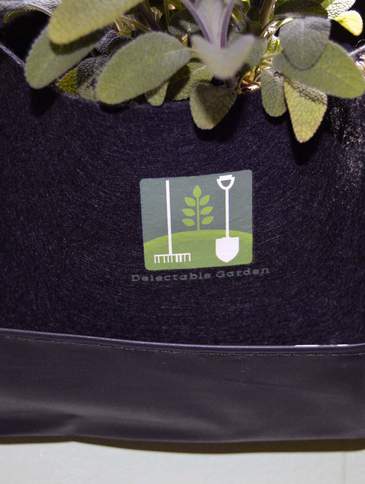 Indoor outdoor waterproof planter with Delectable Garden logo and a green plant, eco-friendly design.