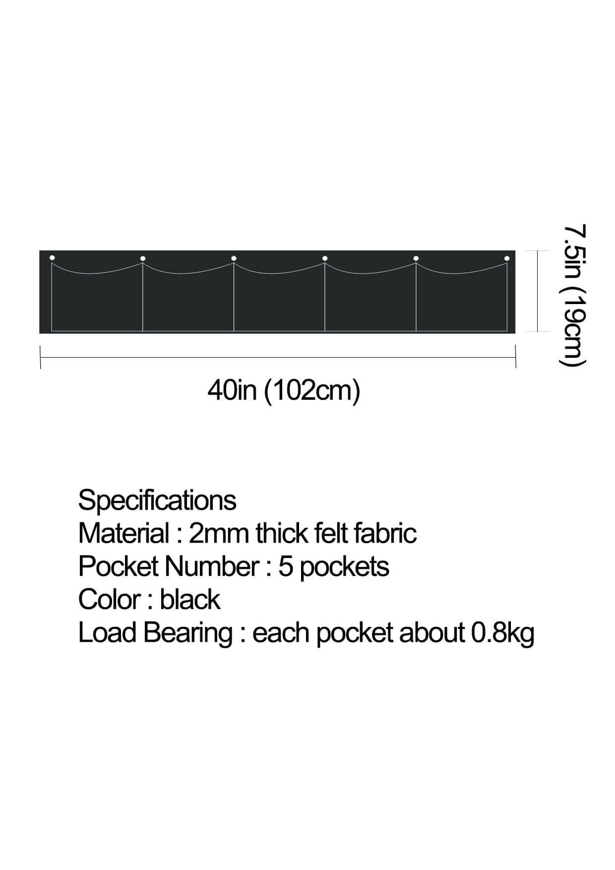 5-pocket horizontal planter specifications in black felt fabric, dimensions 40in x 7.5in, waterproof and eco-friendly design.