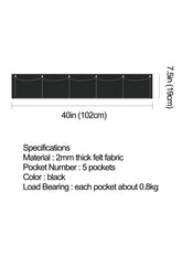 5-pocket horizontal planter specifications in black felt fabric, dimensions 40in x 7.5in, waterproof and eco-friendly design.