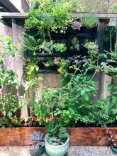 Five-pocket waterproof horizontal planter featuring vibrant indoor and outdoor plants arranged on a wooden fence.