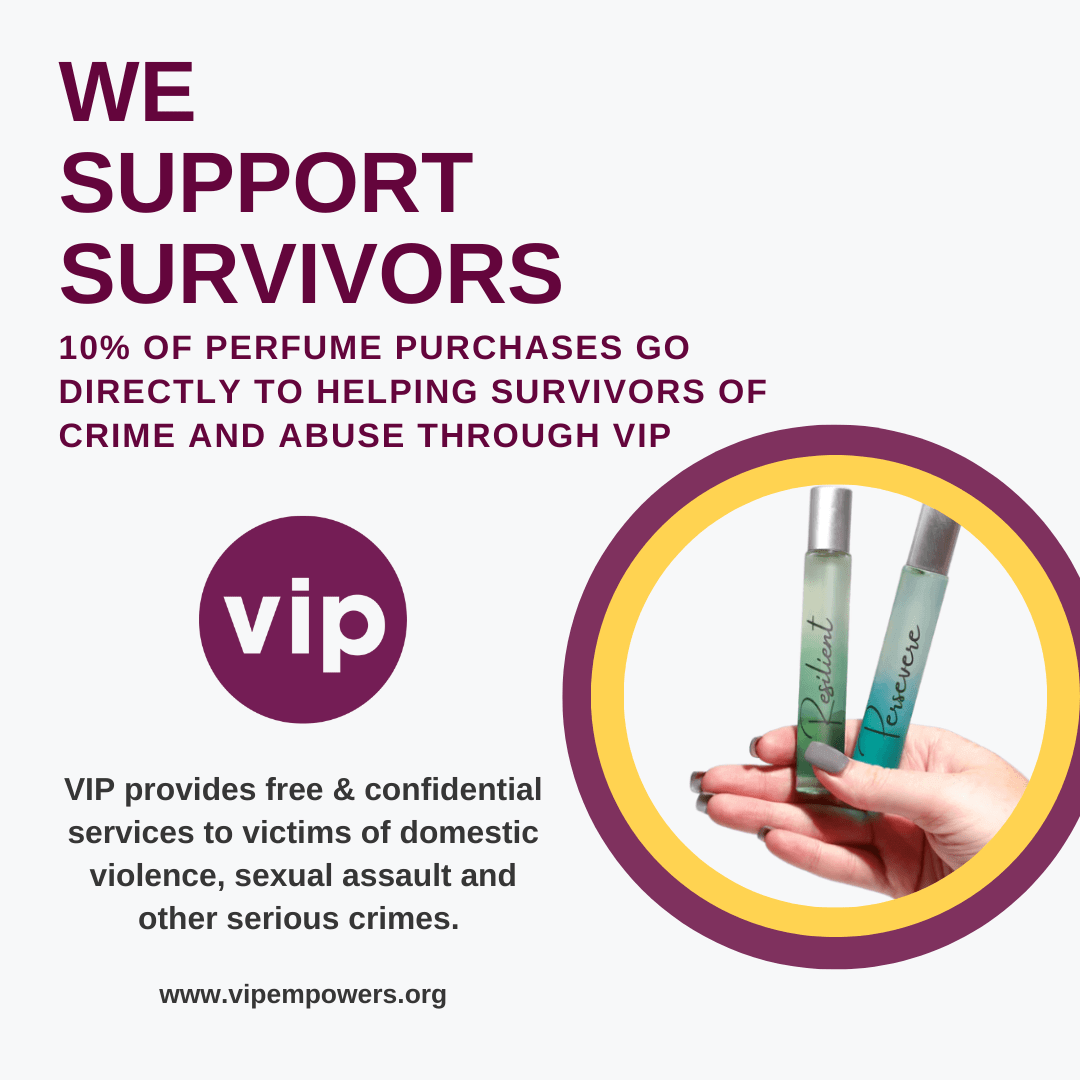 Image promoting support for survivors of crime, highlighting 10% of perfume sales donation to VIP services.