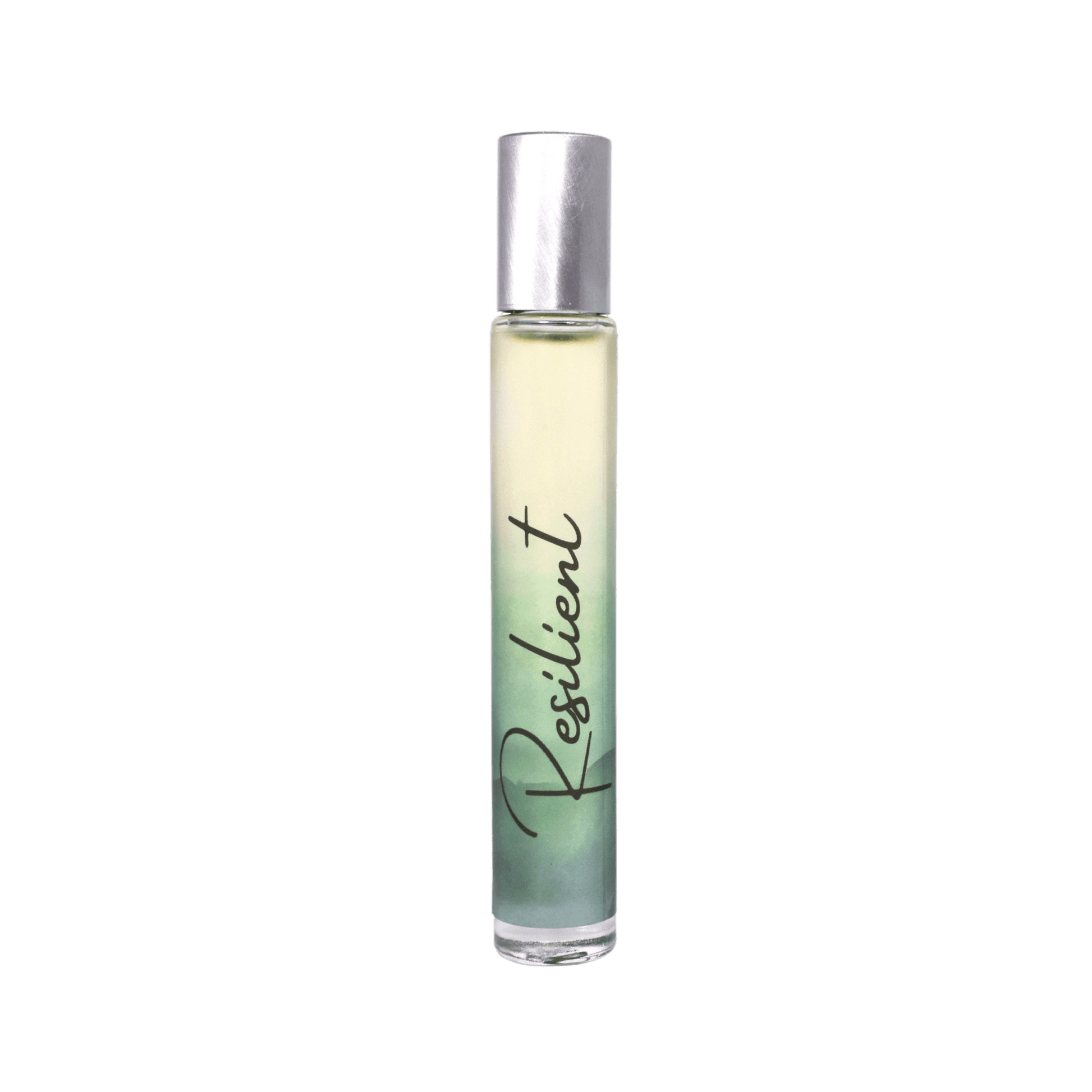 Resilient Rollerball Perfume with sandalwood, vanilla, and violet in a sleek glass bottle.