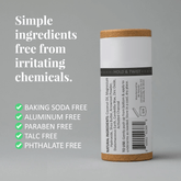 Mineral deodorant with natural ingredients, free from baking soda, aluminum, parabens, talc, and phthalates.