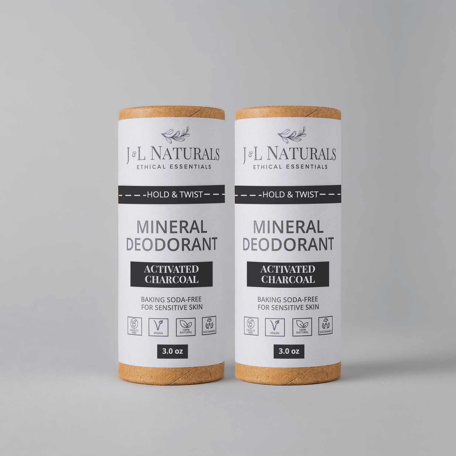 Mineral deodorant sticks in a 2-pack, baking soda-free, suitable for sensitive skin by J&L Naturals.