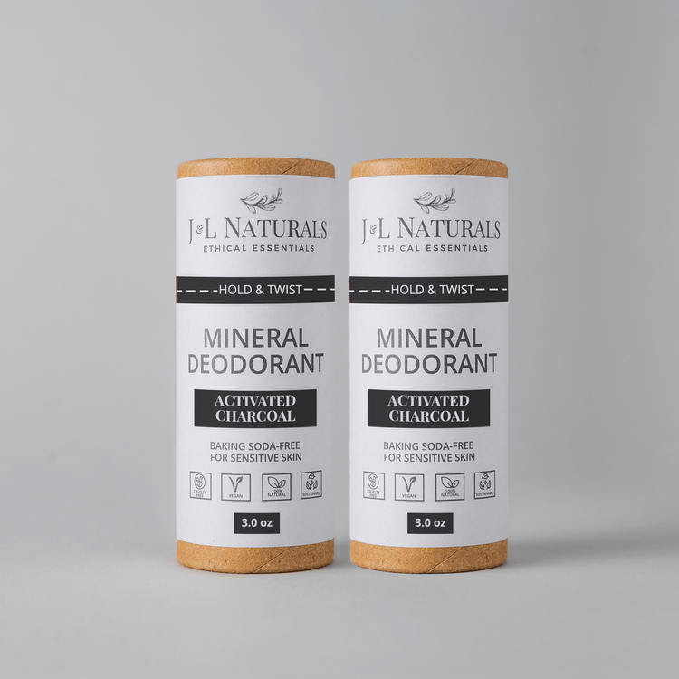 Mineral deodorant sticks in a 2-pack, baking soda-free, suitable for sensitive skin by J&L Naturals.
