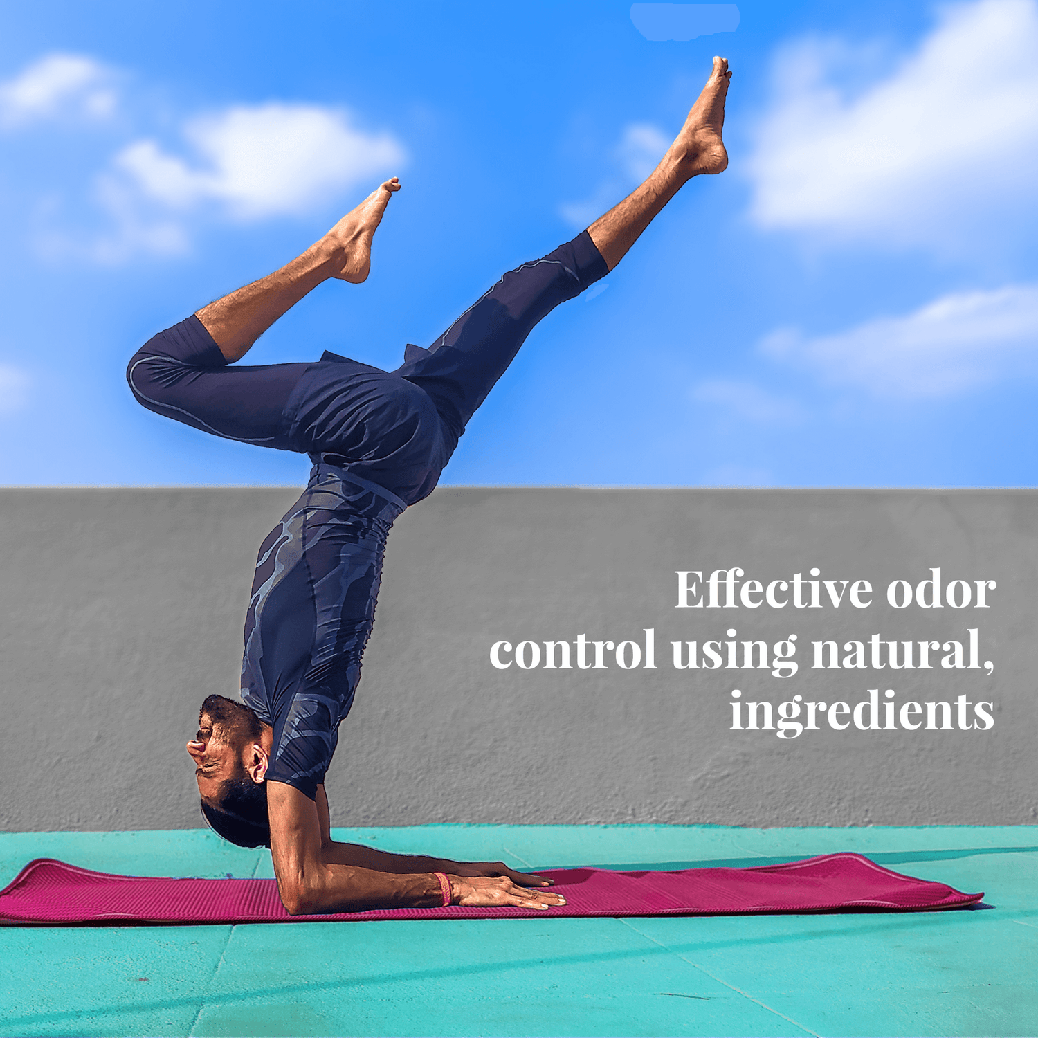 Person doing a yoga pose on a mat outdoors, promoting effective odor control with natural ingredients.