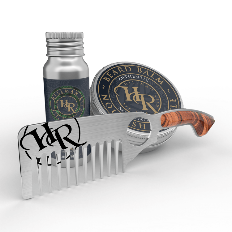 Beard Bliss Bundle featuring Beard Oil, Beard Balm, and stainless steel comb for ultimate grooming.
