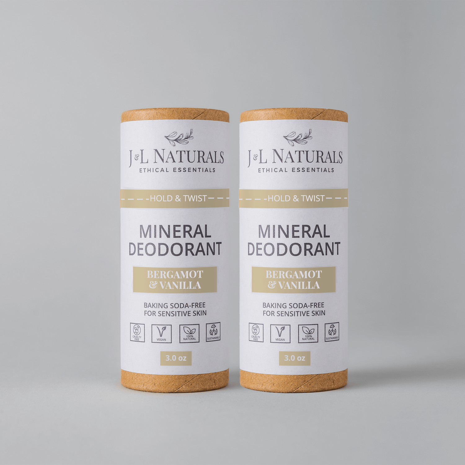J&L Naturals Mineral Deodorant 2-Pack in Bergamot & Vanilla, baking soda-free for sensitive skin.
