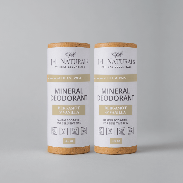 J&L Naturals Mineral Deodorant 2-Pack in Bergamot & Vanilla, baking soda-free for sensitive skin.