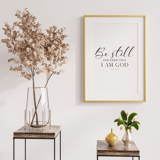 Be Still Psalm 46:10 wall art print in a minimalist living space with stylish decor.