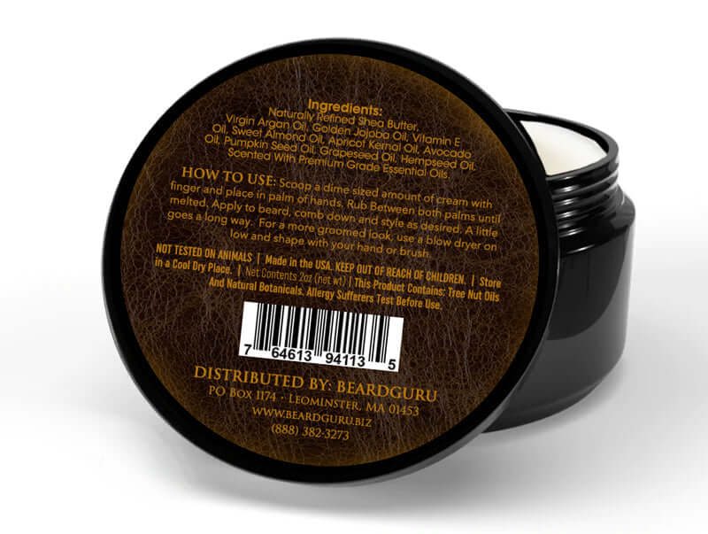 BeardGuru Old Leather Beard Cream jar showing ingredients and usage instructions for natural beard care.