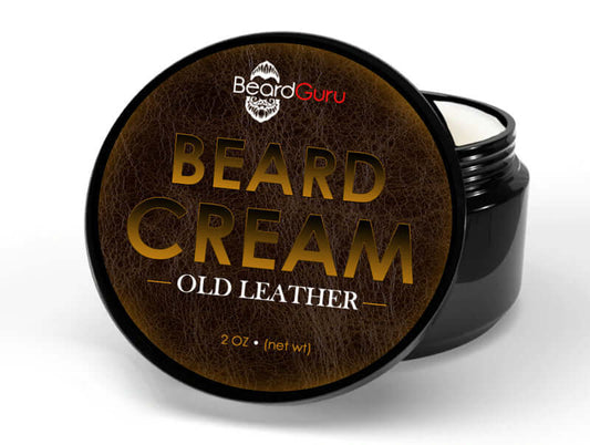 BeardGuru Old Leather Beard Cream 2oz jar with a light leather scent for natural beard styling.