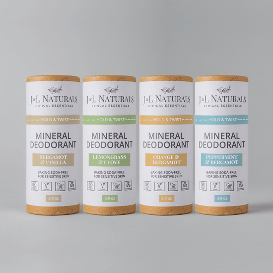 J&L Naturals Mineral Deodorant Bundle - 4-Pack: Baking soda-free options for sensitive skin in various scents.
