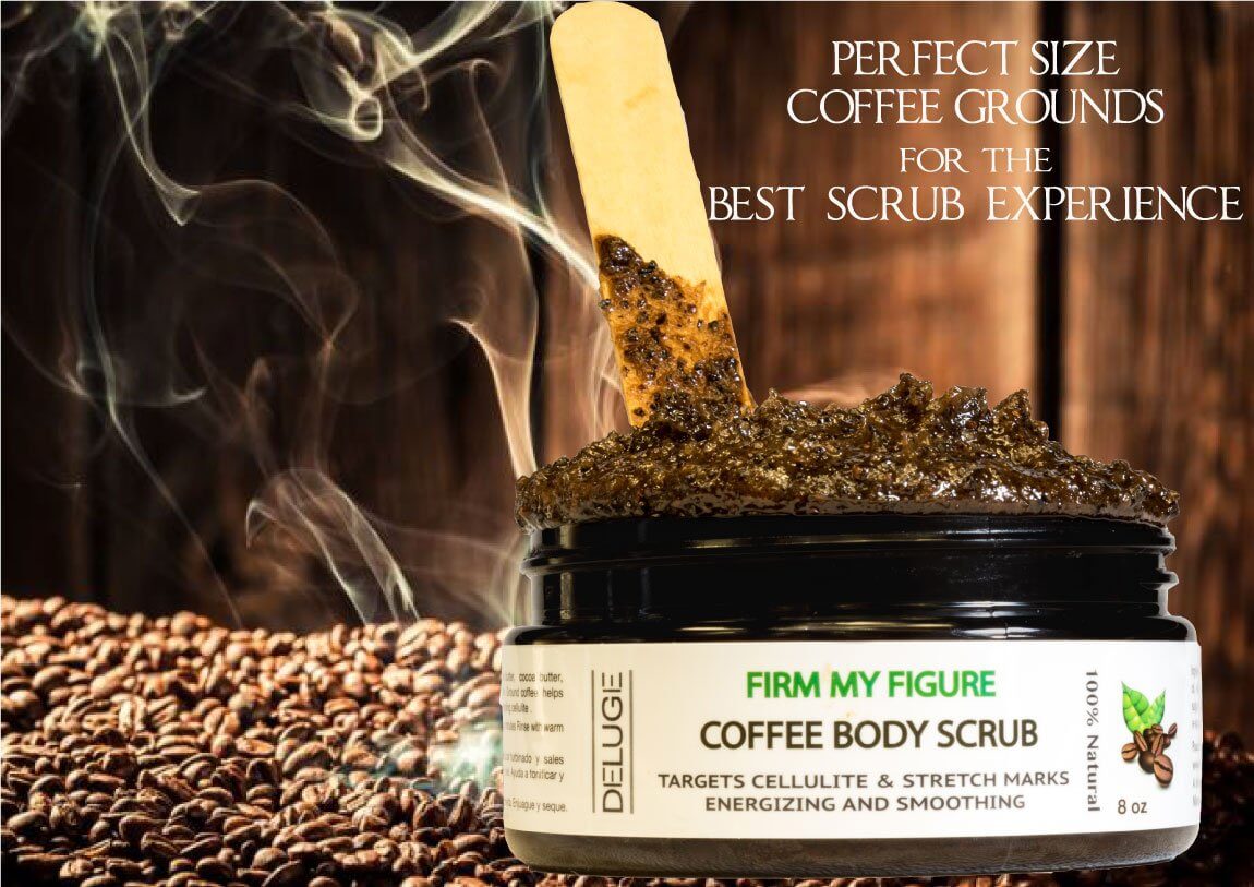 Deluge Firm My Figure Coffee Body Scrub with coffee grounds, designed for exfoliating and hydrating skin, 8 oz jar.