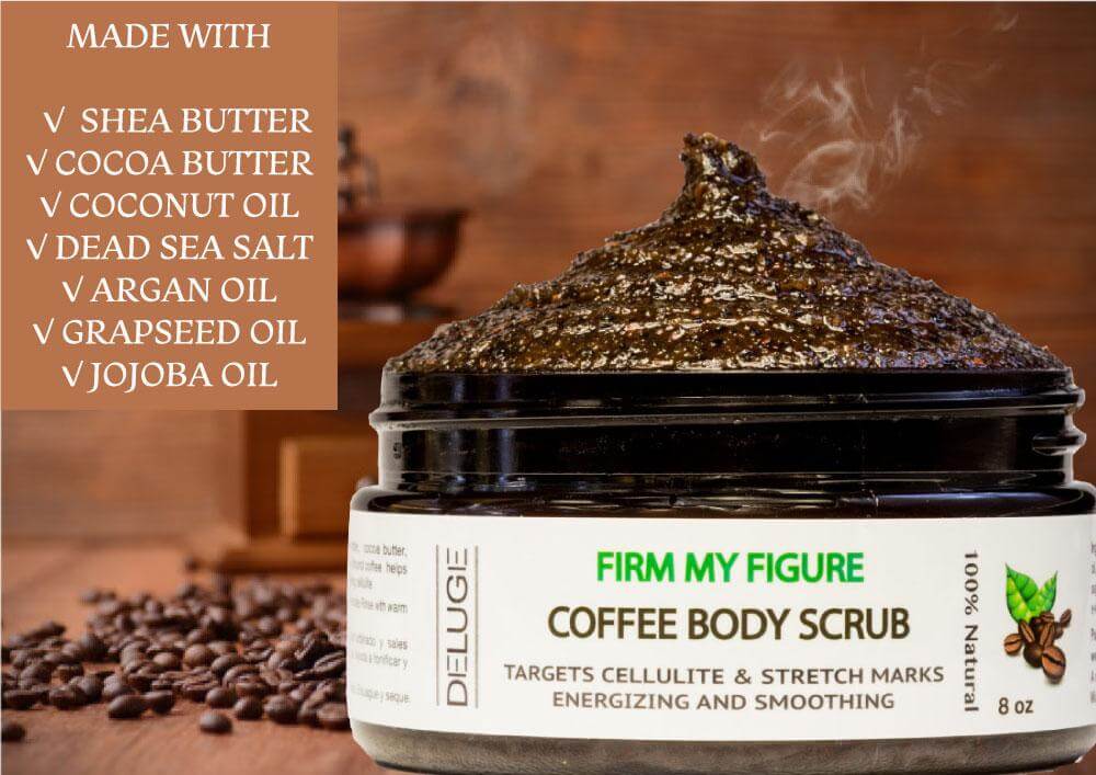 Coffee body scrub with shea butter, cocoa butter, and coconut oil for energizing exfoliation and skin nourishment.