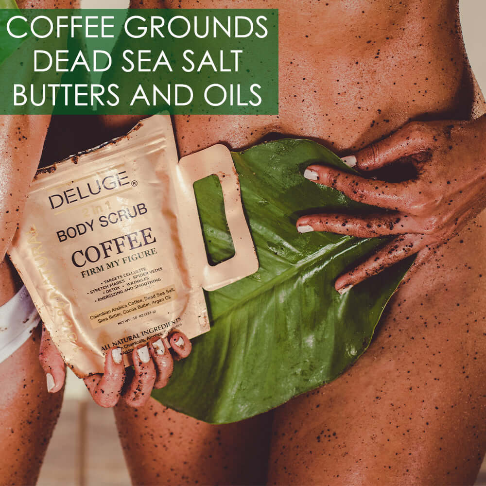 Organic coffee body scrub with dead sea salt and butters for exfoliation and hydration, displayed on a person.