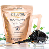 Deluge 2 in 1 Body Scrub coffee scrub pouch with natural ingredients for skin firming and exfoliation.