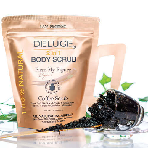 Deluge 2 in 1 Body Scrub coffee scrub pouch with natural ingredients for skin firming and exfoliation.