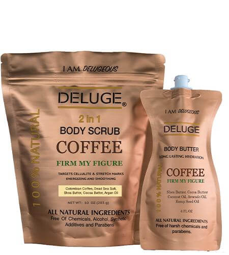 Deluge Coffee Scrub and Body Butter featuring natural ingredients for exfoliation and hydration, ideal for a spa experience.