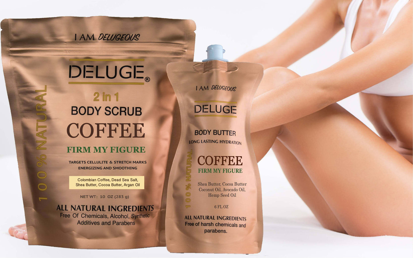 Deluge 2 in 1 Coffee Body Scrub and Body Butter, all natural ingredients for exfoliation and hydration.