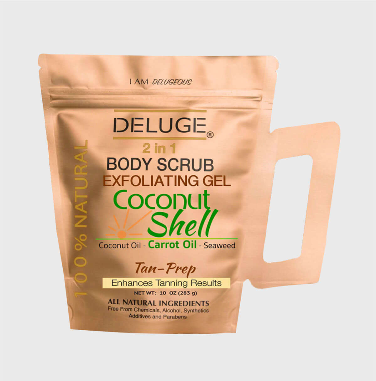 Deluge 2-in-1 Coconut Shell Body Scrub exfoliating gel for tan prep, featuring natural ingredients and coconut oil.