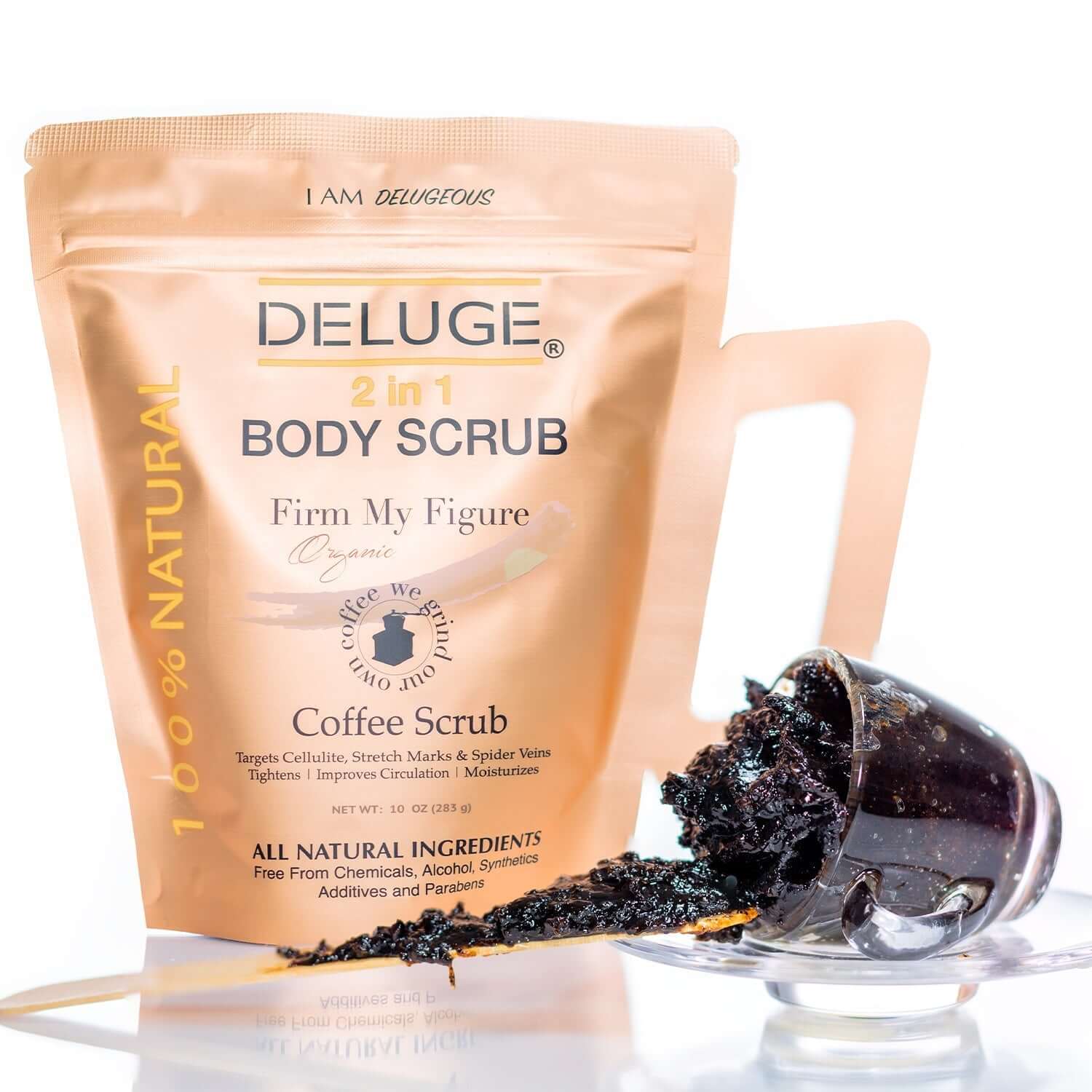 Organic coffee body scrub in a pouch, designed for exfoliation and hydration with natural ingredients.