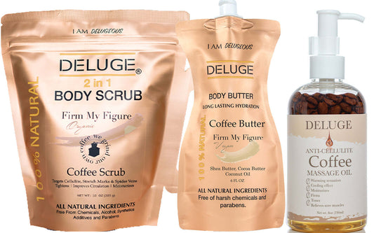 Deluge Coffee Experience set includes anti-cellulite massage oil, body scrub, and body butter for skin hydration.