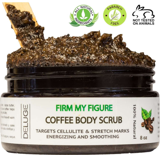 Two in One Coffee Scrub in a black jar, rich creamy exfoliator and moisturizer targeting cellulite and stretch marks.