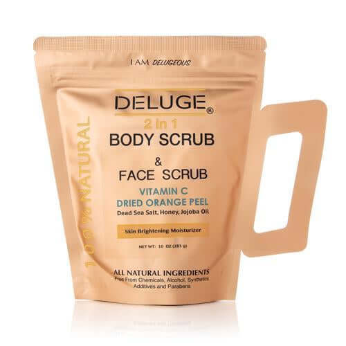 Deluge Vitamin C scrub packaging, featuring dried orange peel, Dead Sea salt, honey, and jojoba oil for skin care.