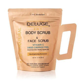 Deluge Vitamin C Scrub with dried orange peel, dead sea salt, honey, and jojoba oil for face and body skincare.