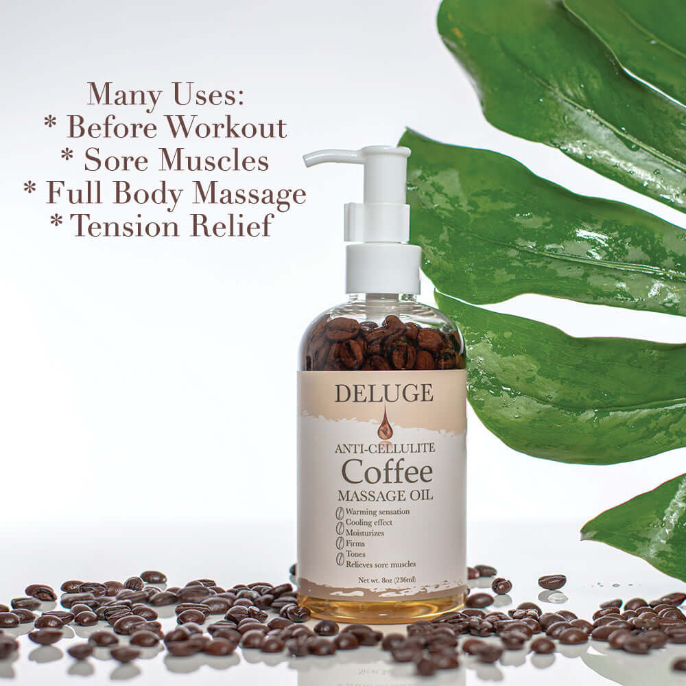 Bottle of Deluge Anti-Cellulite Coffee Massage Oil for sore muscles, tension relief, and full body massage.