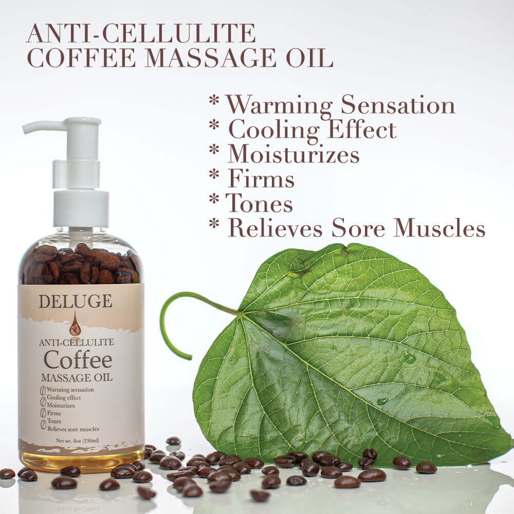 Anti-cellulite coffee massage oil with benefits including moisturizing, firming, and soothing sore muscles.