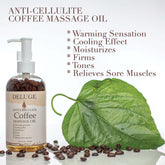 Anti-cellulite coffee massage oil with benefits including moisturizing, firming, and soothing sore muscles.