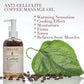 Anti-cellulite coffee massage oil with benefits including moisturizing, firming, and soothing sore muscles.