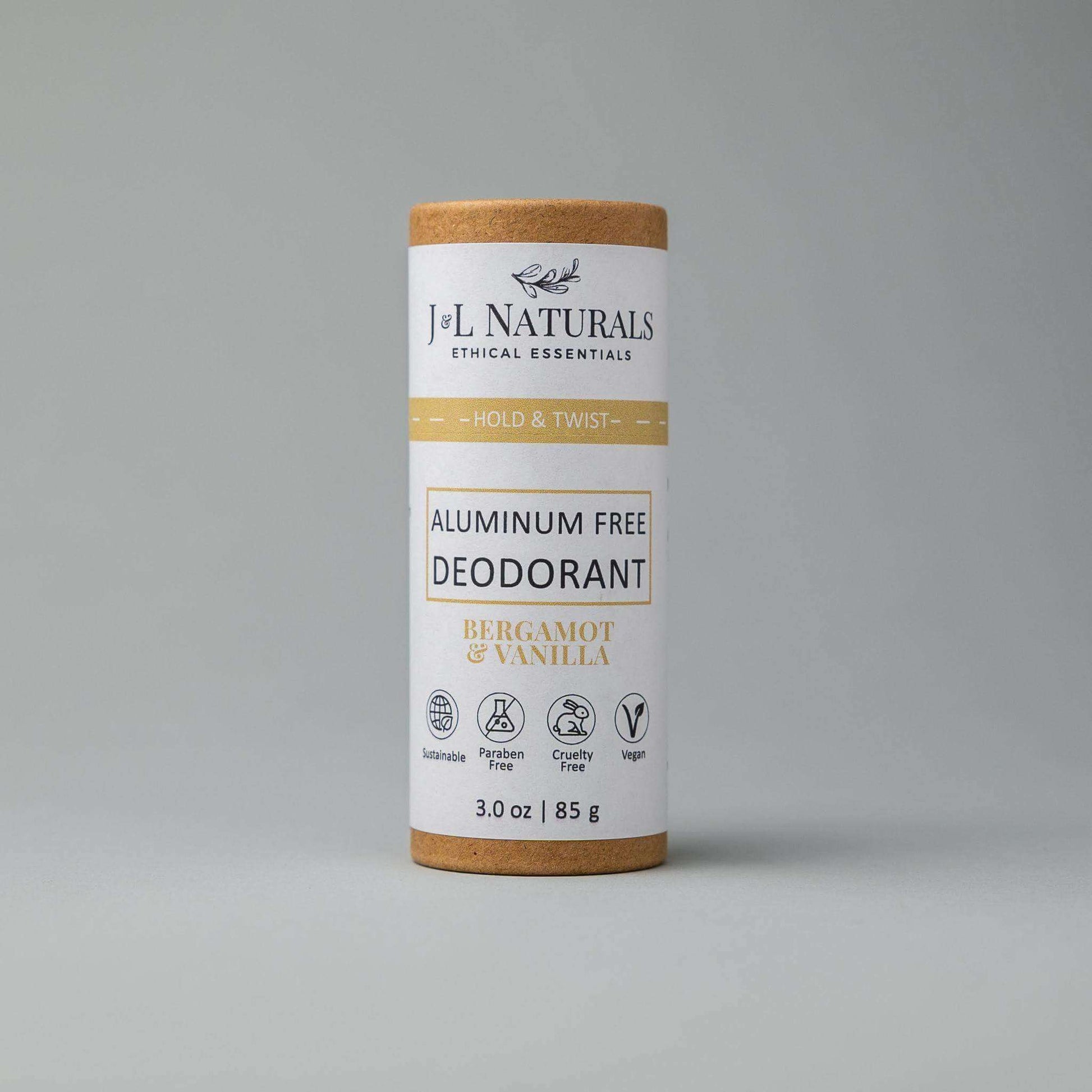 Aluminum-Free Deodorant by JL Naturals in bergamot and vanilla scent, eco-friendly packaging.