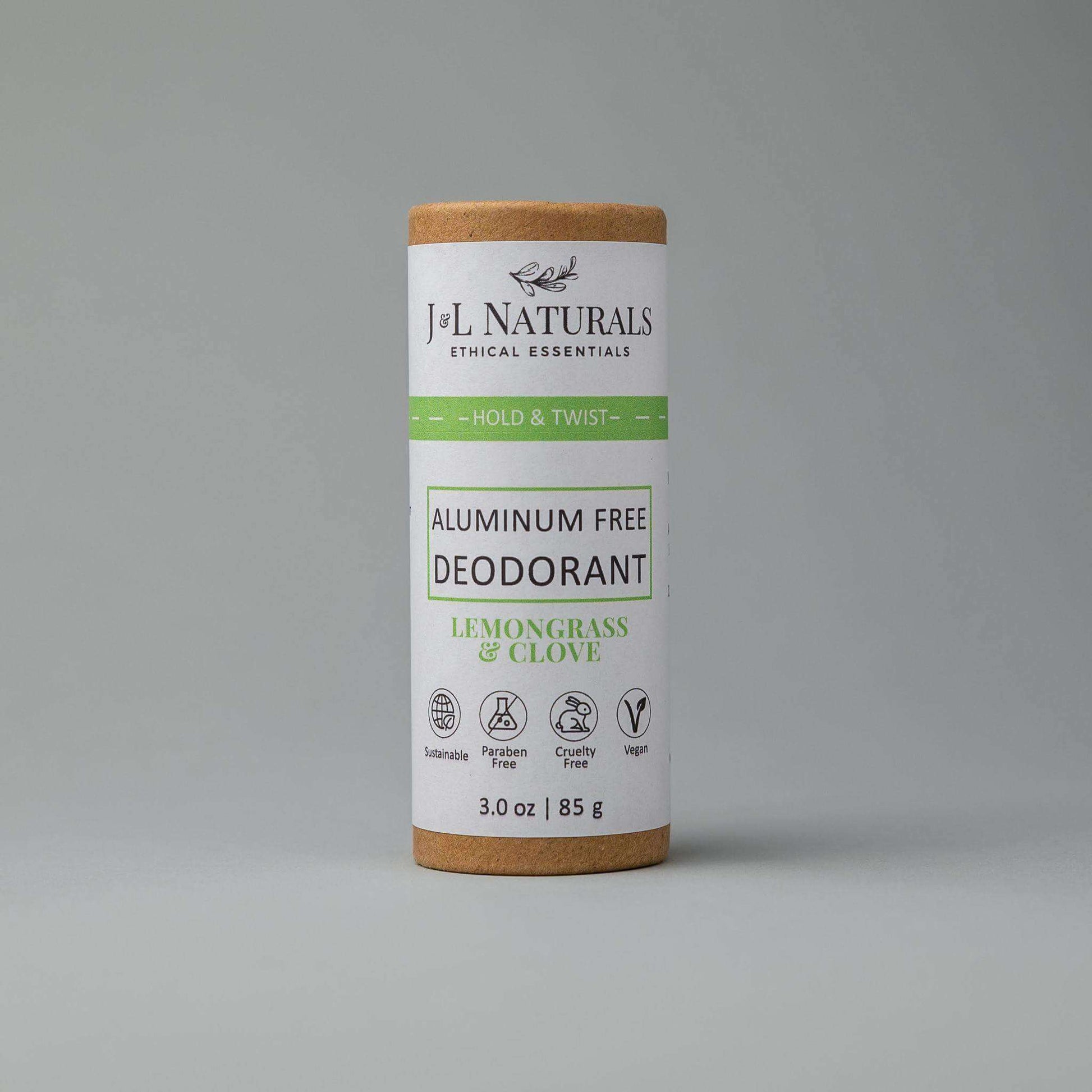 Aluminum-free deodorant stick in sustainable packaging with lemongrass and clove scent, 3 oz by J.L. Naturals.