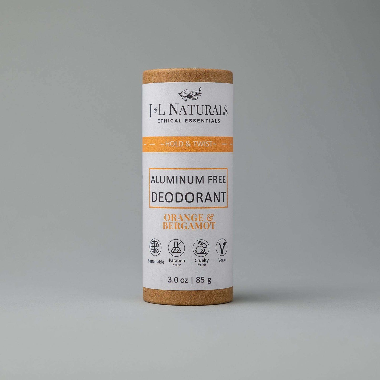 Aluminum-Free Deodorant in a tube, featuring orange and bergamot scent, promoting natural freshness and all-day protection.