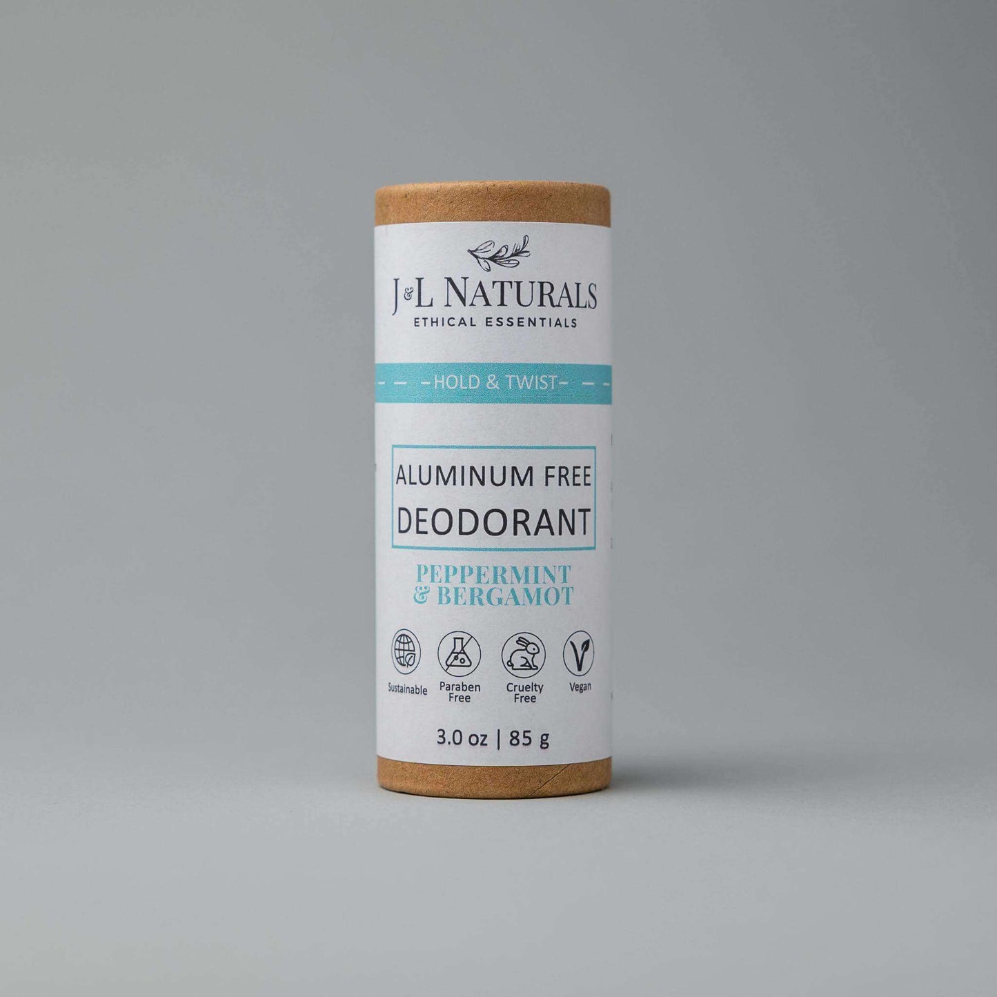 Aluminum-Free Deodorant by JL Naturals, Peppermint & Bergamot scent, eco-friendly packaging, cruelty-free.