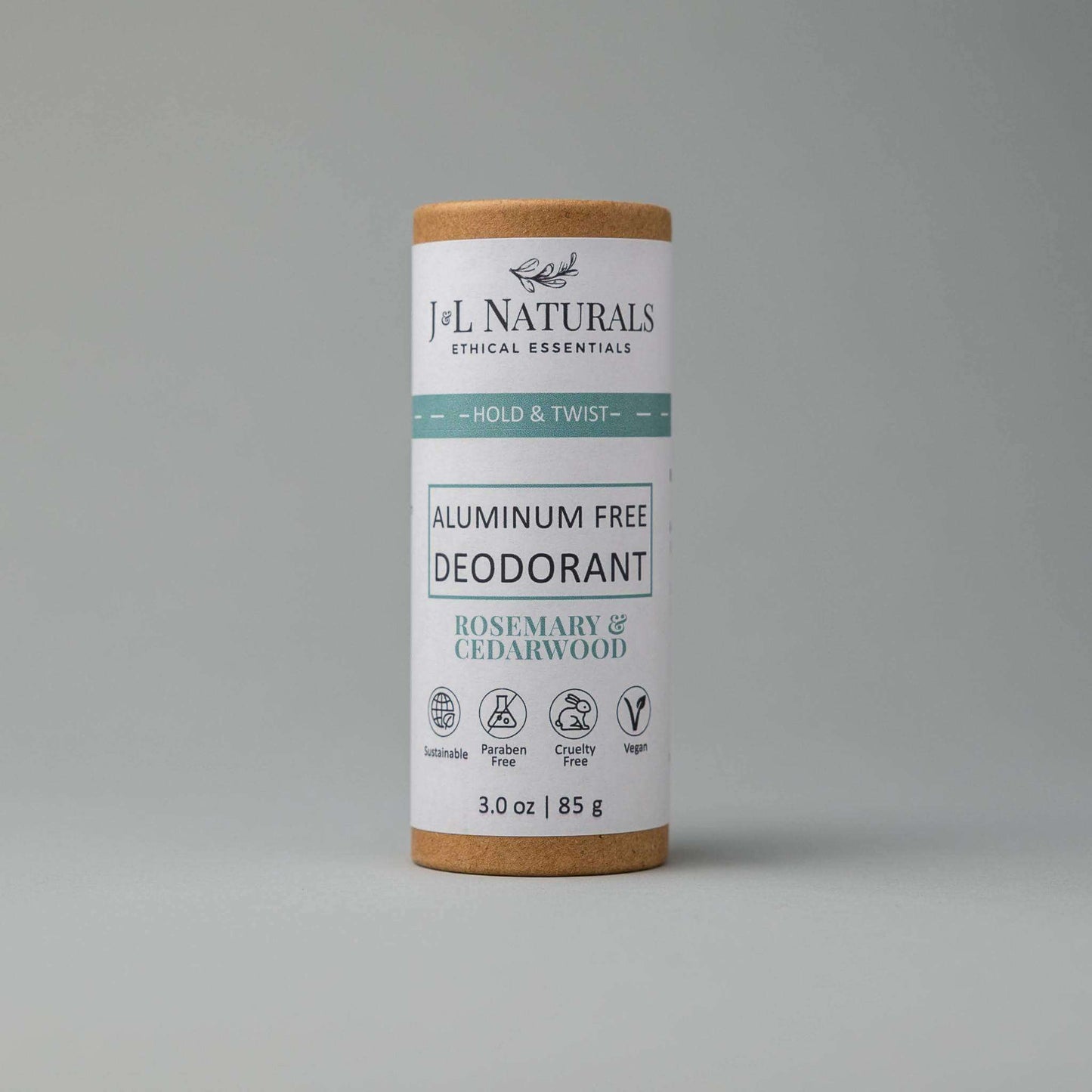 Aluminum-free deodorant in a recyclable tube, featuring rosemary and cedarwood scent for all-day freshness.