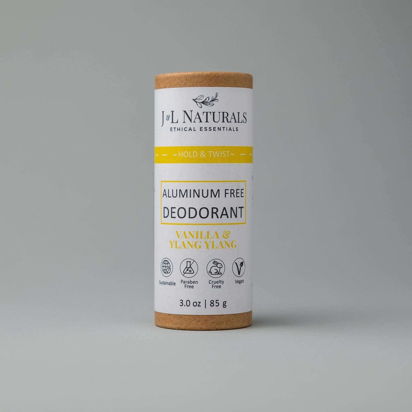 Aluminum-Free Deodorant in sustainable packaging, featuring Vanilla and Ylang Ylang scents, 3 oz.